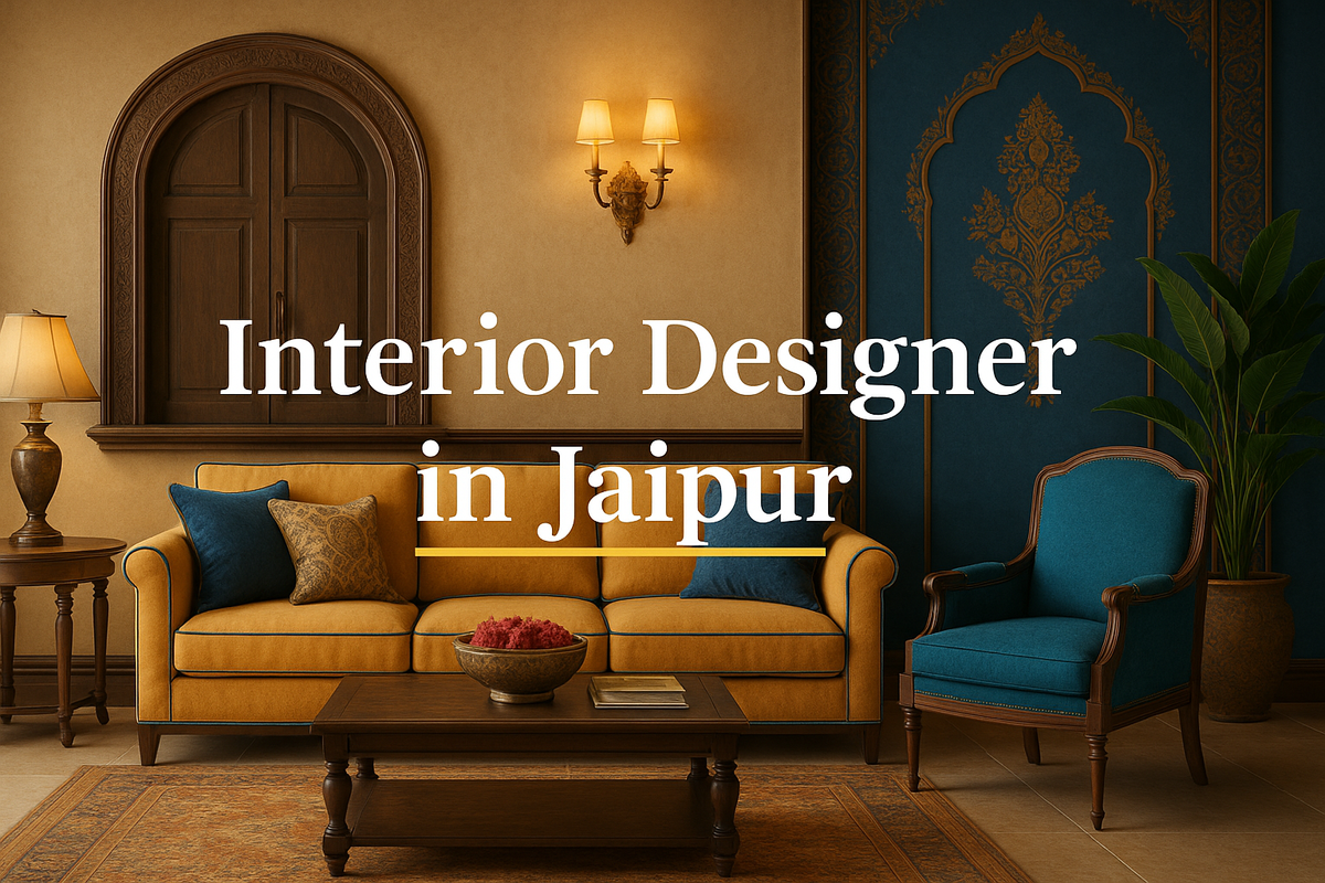 Modern luxury living room interior with artistic decor, colorful accents, and "Interior Designer in Jaipur" 
