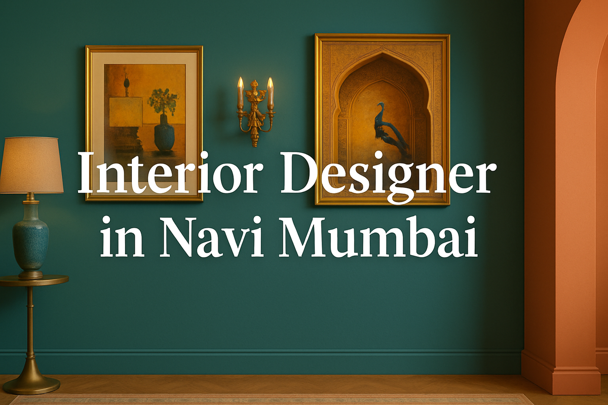 "Elegant interior design in Navi Mumbai with artistic decor, teal walls, and highlighted text in stylish Lora font."