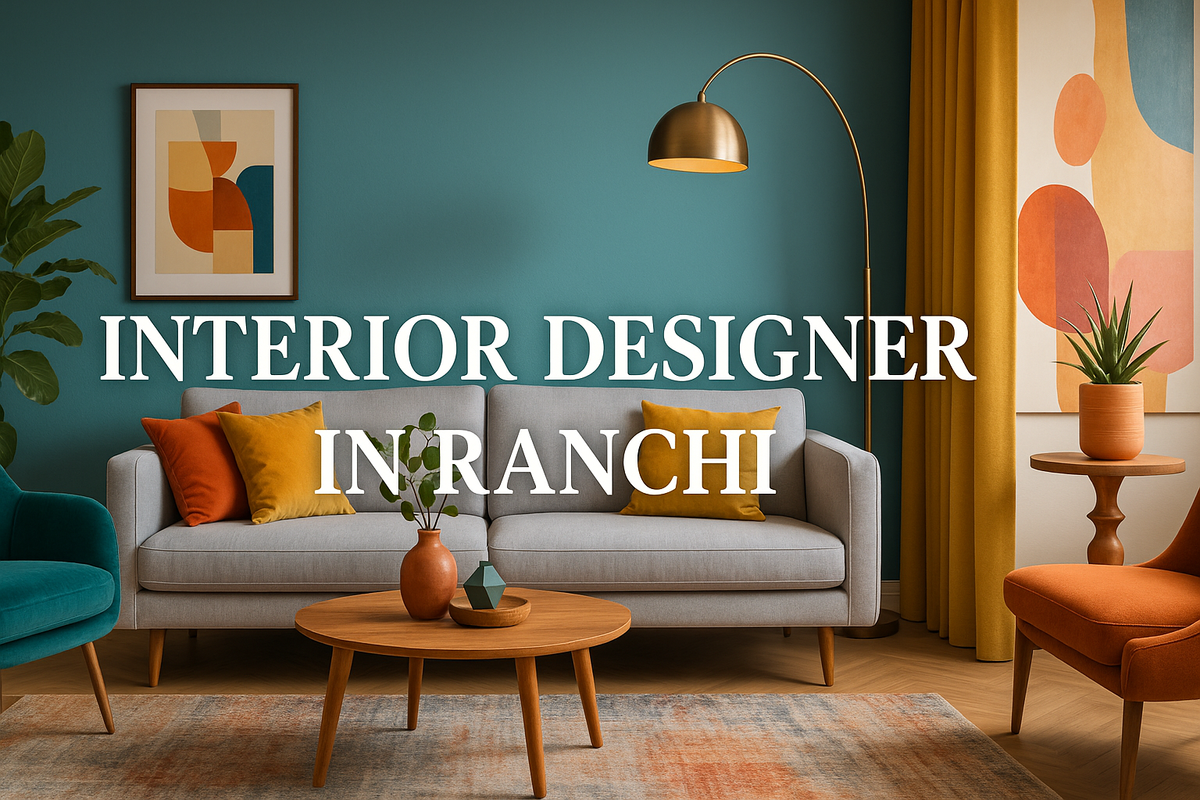 Colorful modern living room showcasing interior designer work in Ranchi with stylish furniture and vibrant decor.