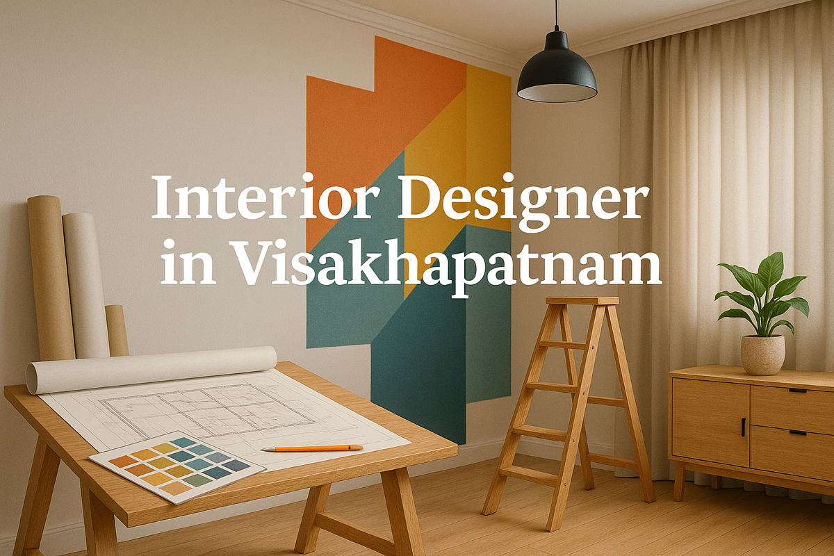Modern interior design workspace in Visakhapatnam with geometric wall art, wooden furniture, and curtains.