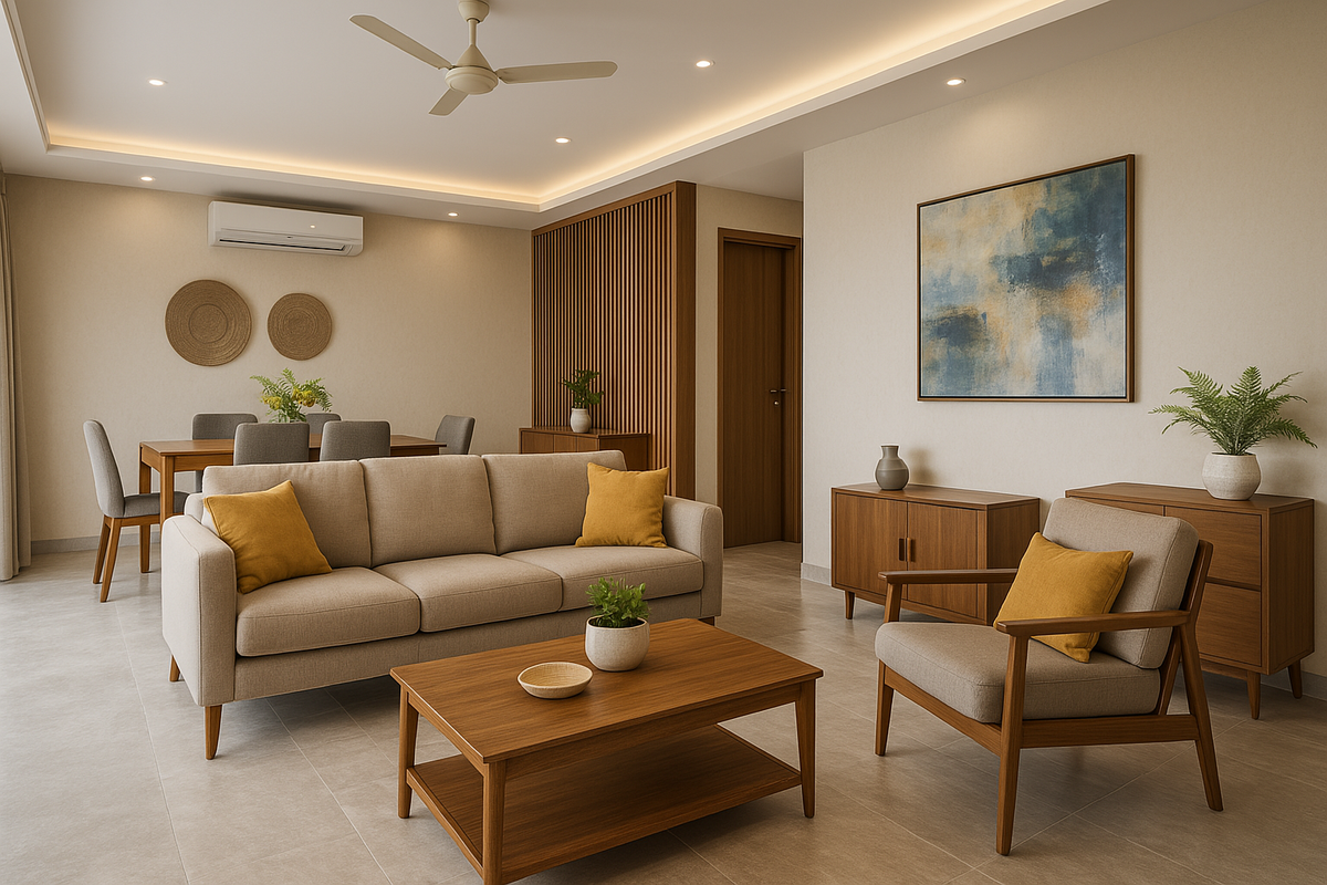 Modern living room and dining space designed by interior designers in Coimbatore