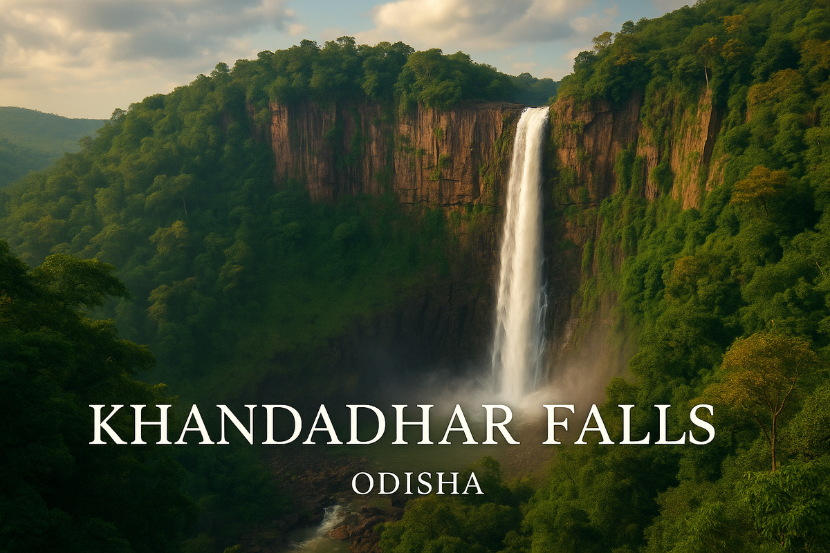 A stunning view of Khandadhar Falls cascading down lush green cliffs in Odisha under a golden sky.