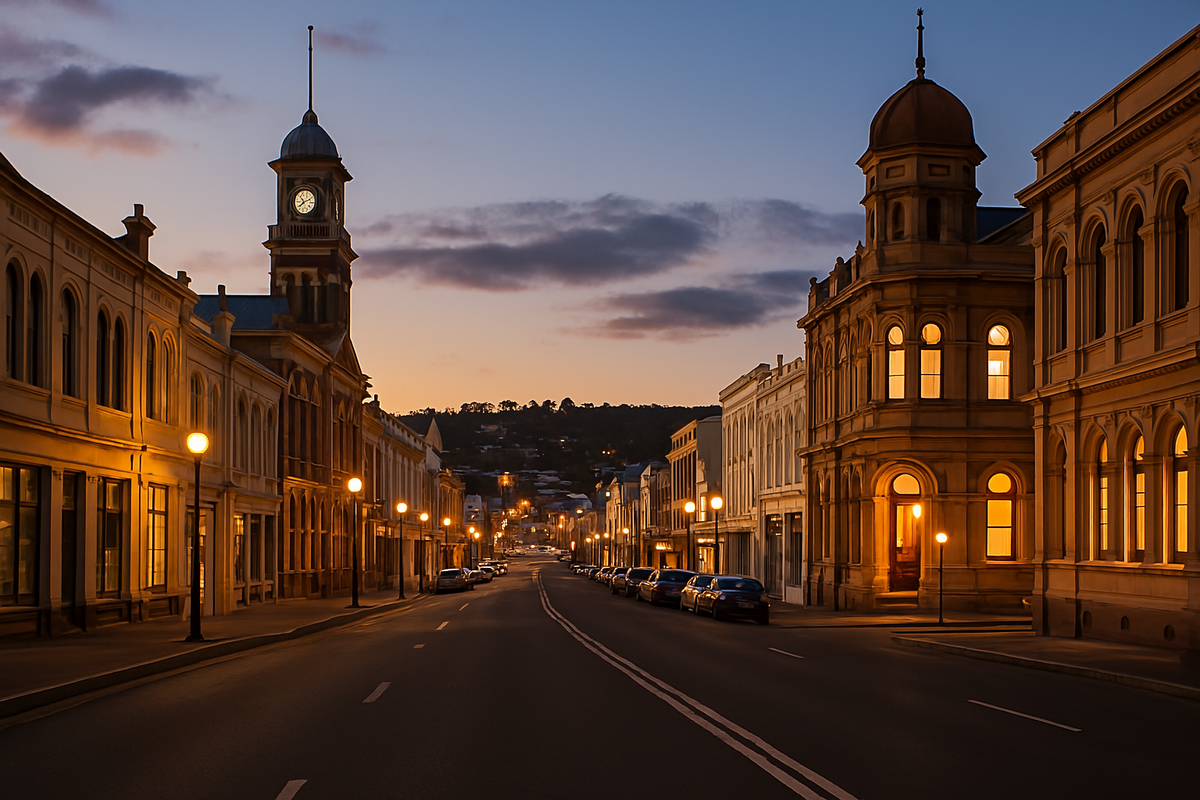 Launceston Tasmania city street at dusk with historic buildings and glowing streetlights.
