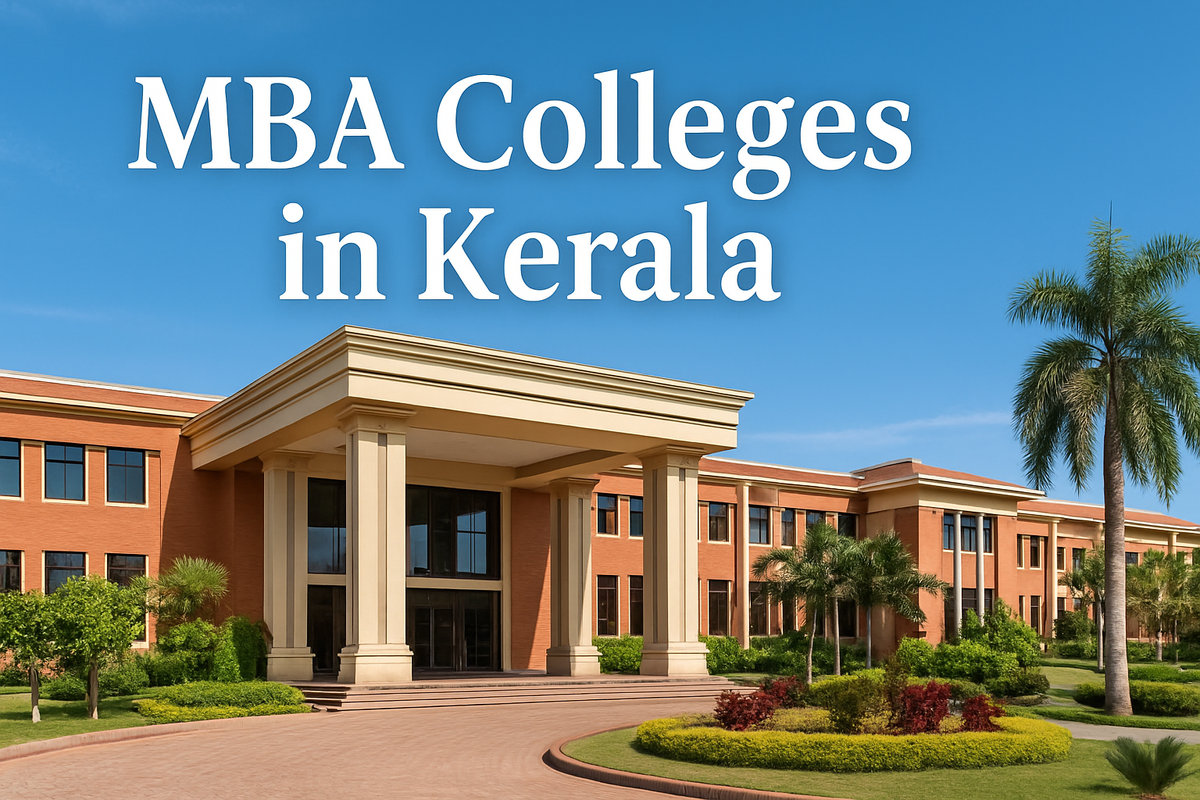 Beautiful MBA college campus in Kerala with lush gardens and modern architecture under a clear blue sky.