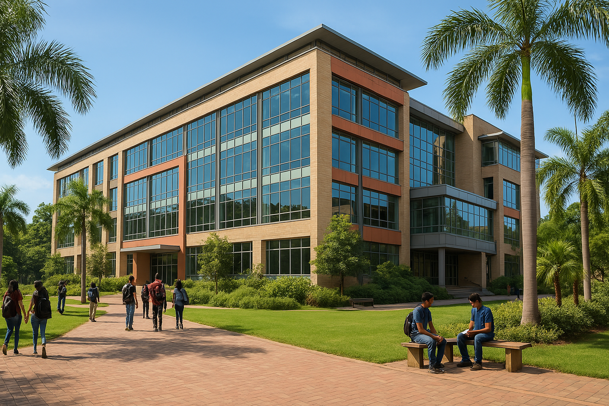 A modern MBA college campus in Thane with glass buildings, palm trees, and students walking on pathways.