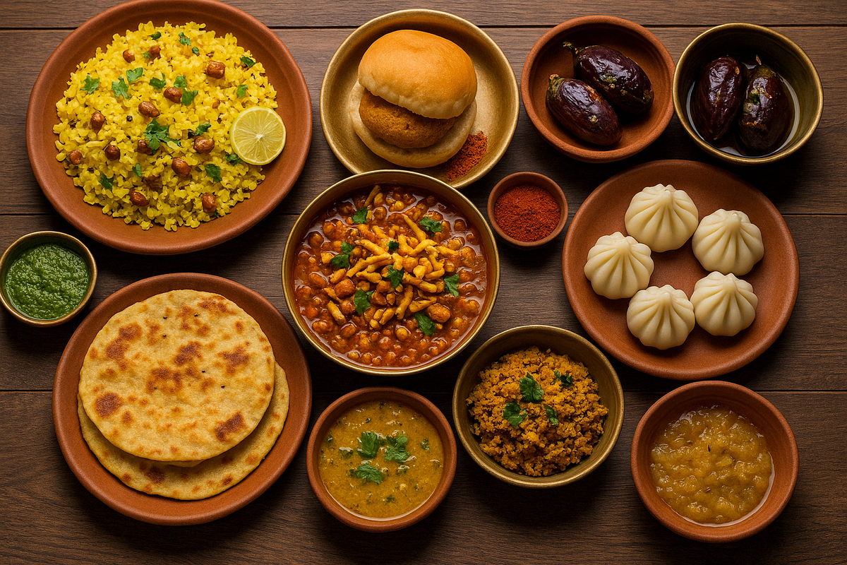 Traditional Maharashtrian dishes beautifully arranged on rustic plates on a wooden table.