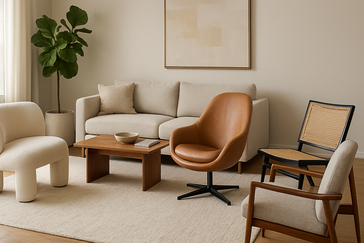 Modern living room featuring comfortable chairs, a sofa, wooden coffee table, and a stylish plant in natural lighting.
