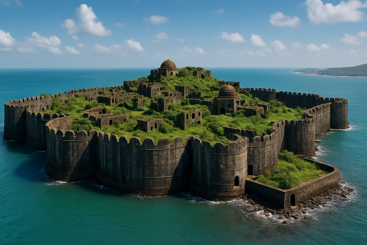 Aerial view of Murud Janjira Fort surrounded by turquoise sea and lush greenery on a sunny day.