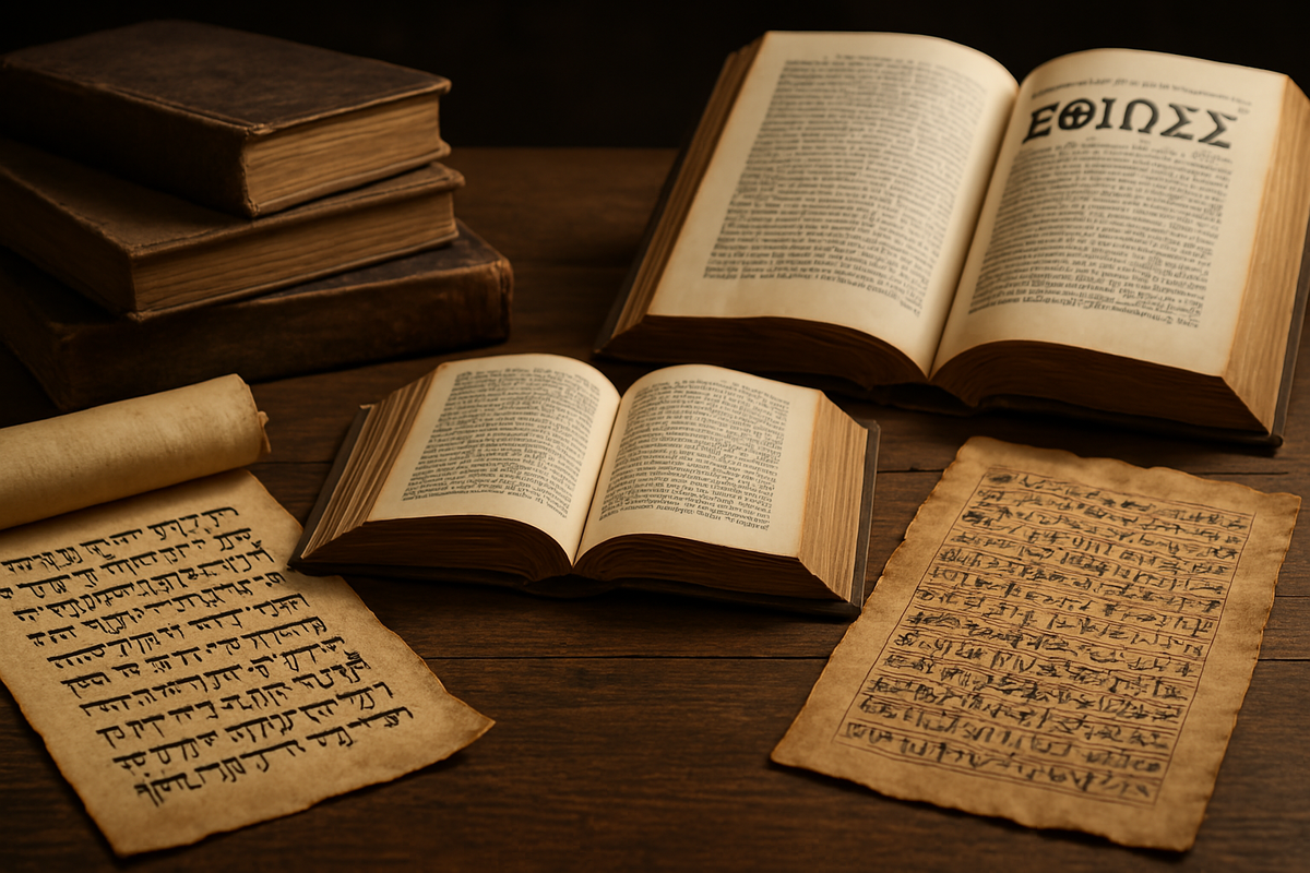 Ancient texts and books laid out on a wooden table showing oldest world languages in script