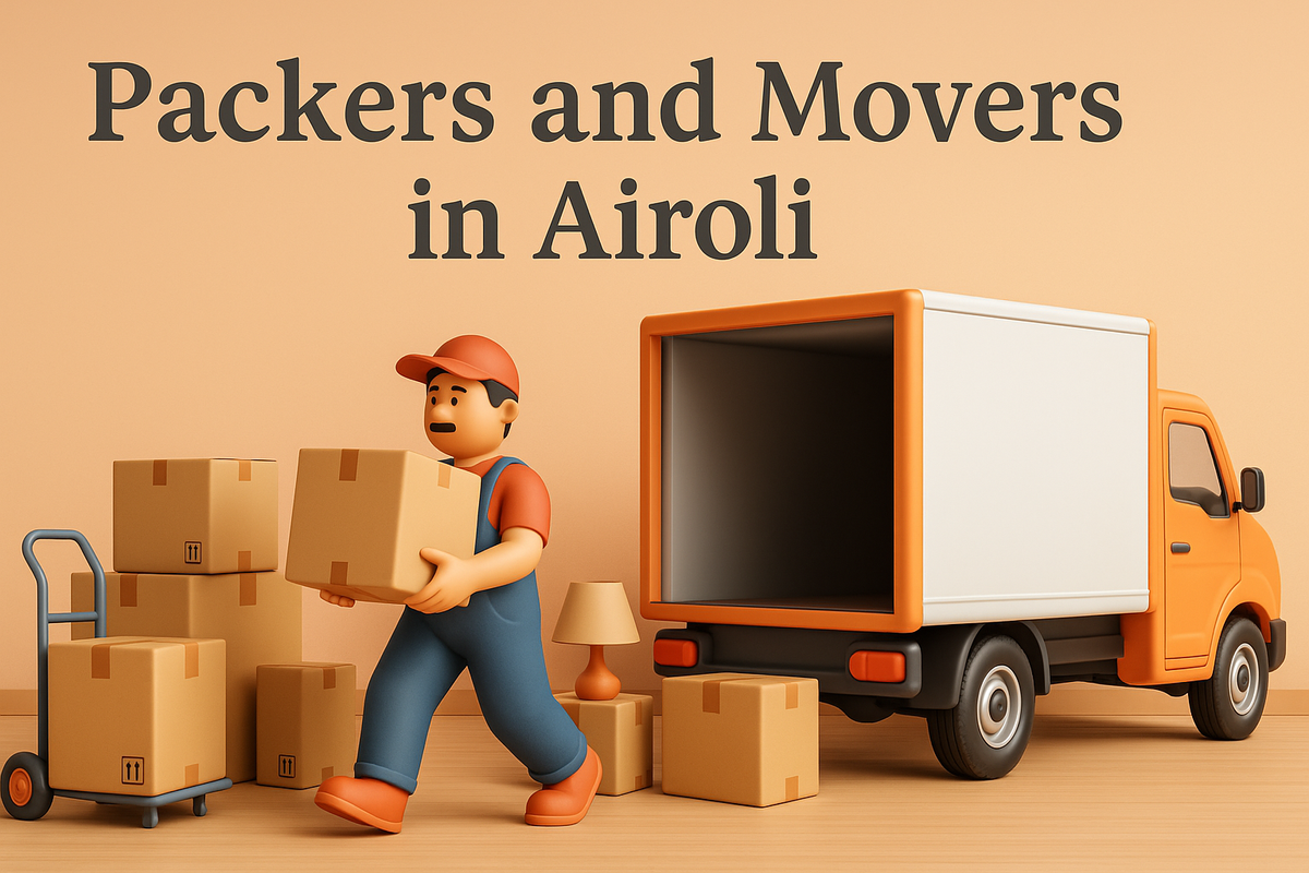 3D illustration of a mover carrying boxes near a truck with "Packers and Movers in Airoli" text on a peach background.