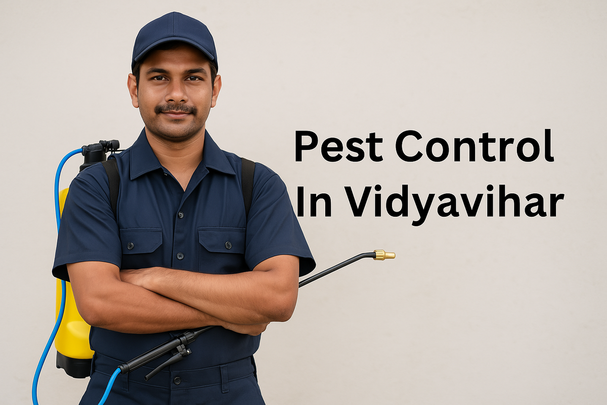 Indian pest control technician in uniform holding sprayer with "Pest Control In Vidyavihar