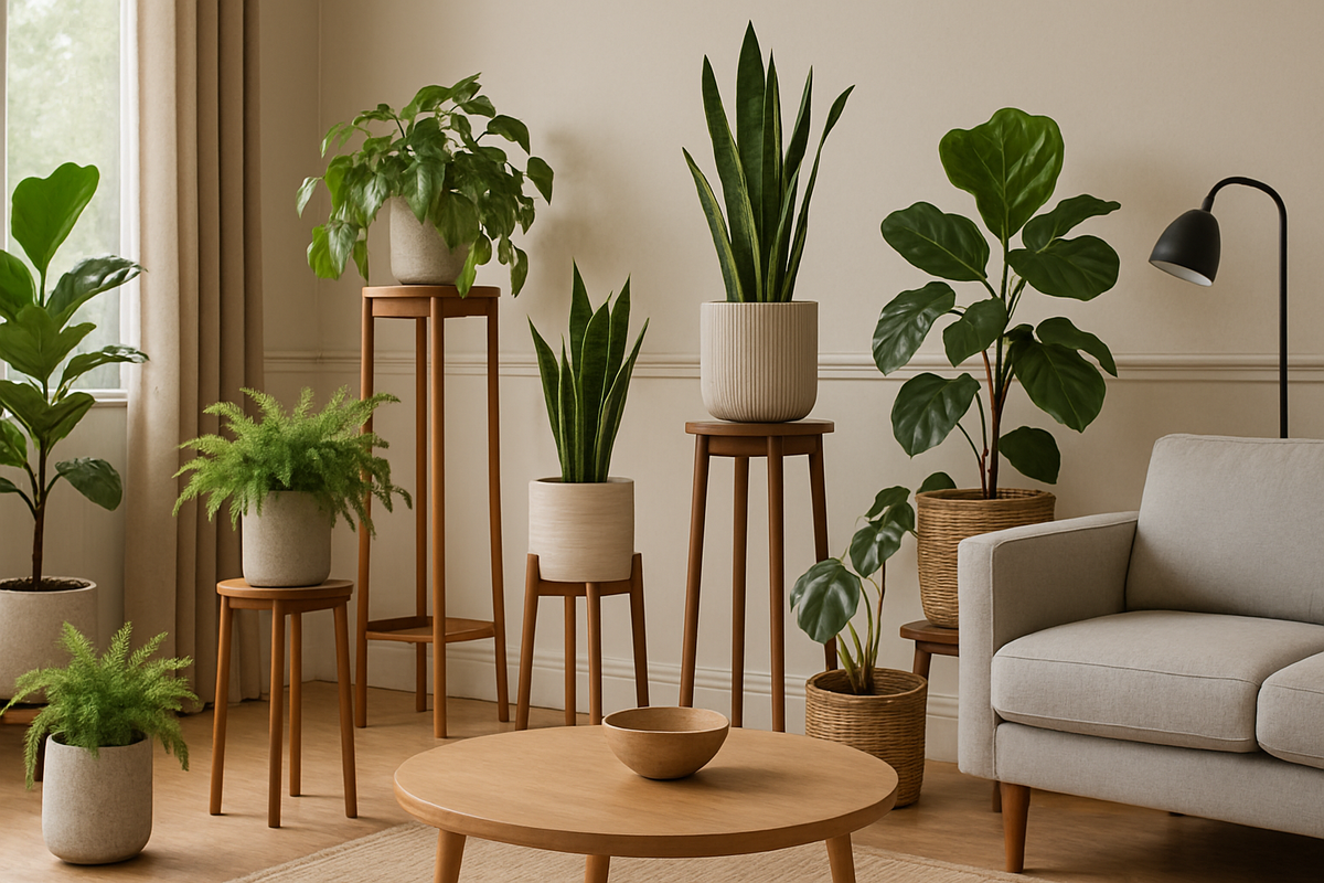Modern living room with plant stands and lush indoor greenery.