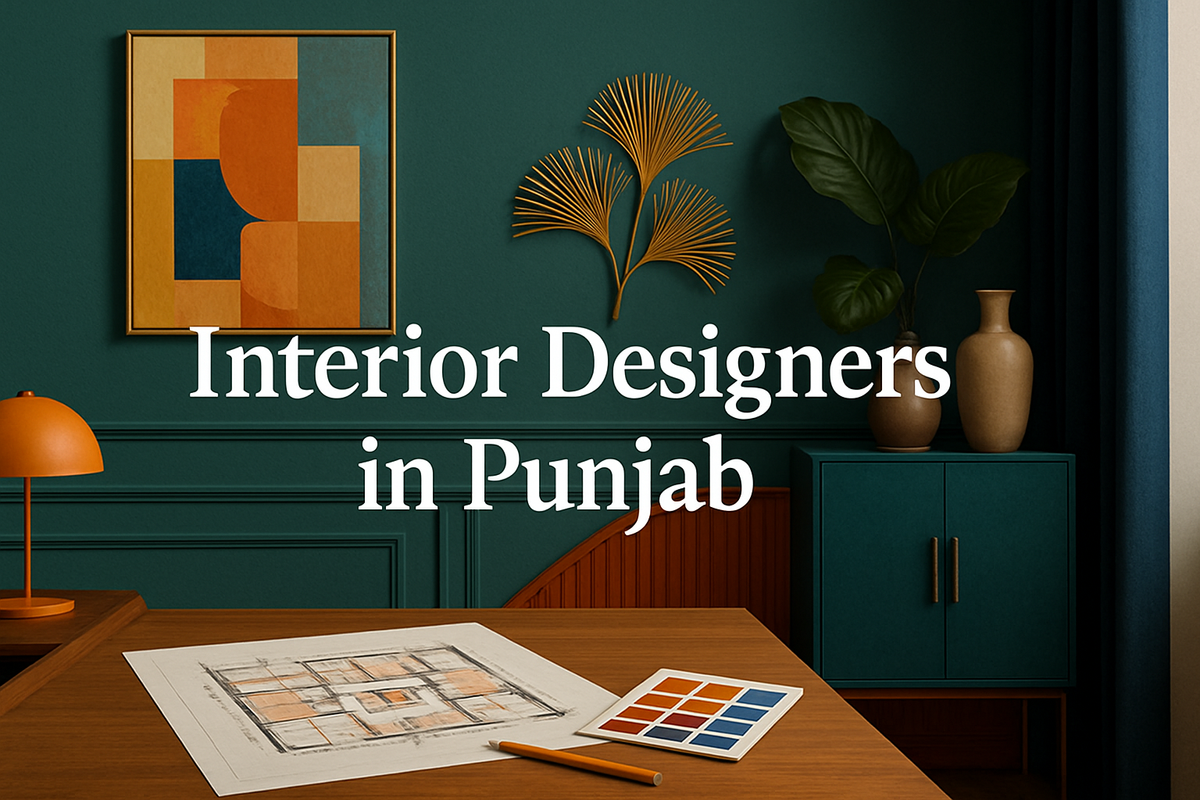 "Interior Designers in Punjab text over creative interior design studio background with decor elements and design plans."