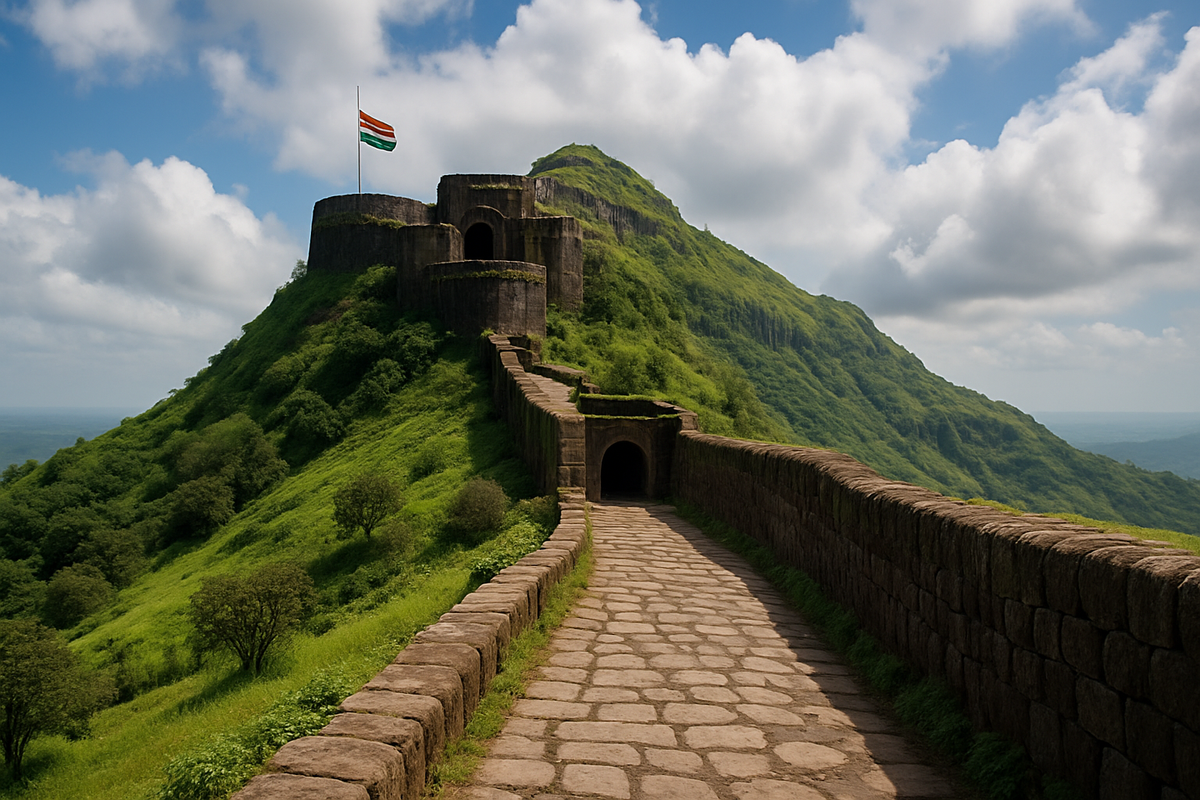 Purandar Fort on a lush green hill under a bright sky with stone path leading to the entrance.