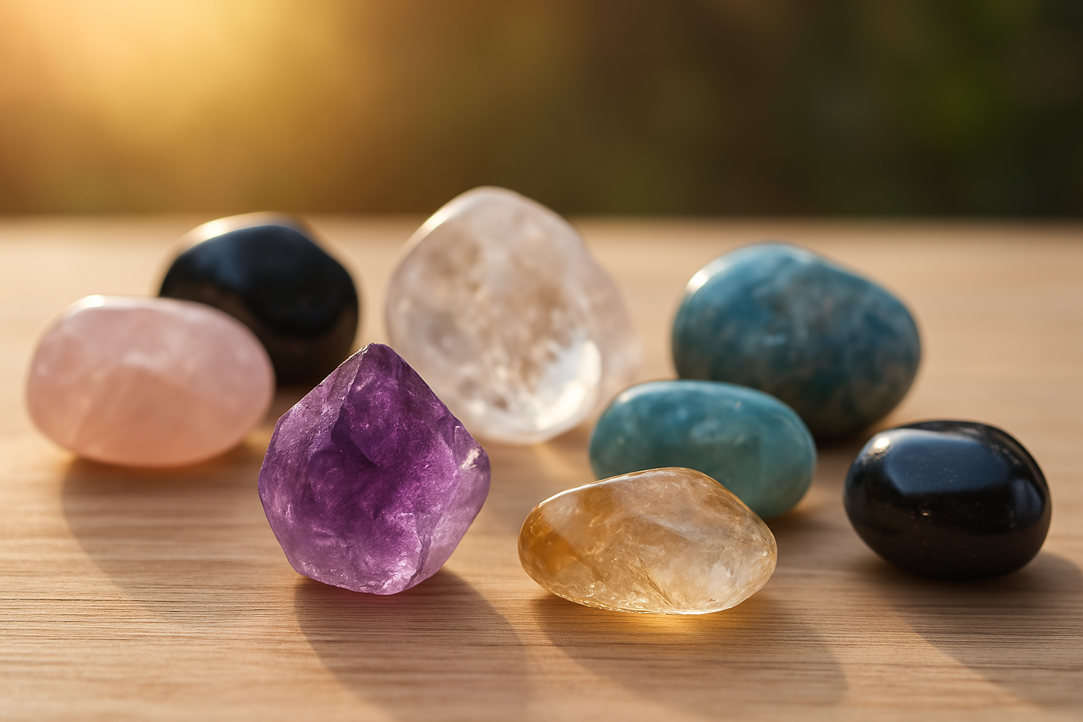 Seven colorful crystals arranged on wood with soft lighting