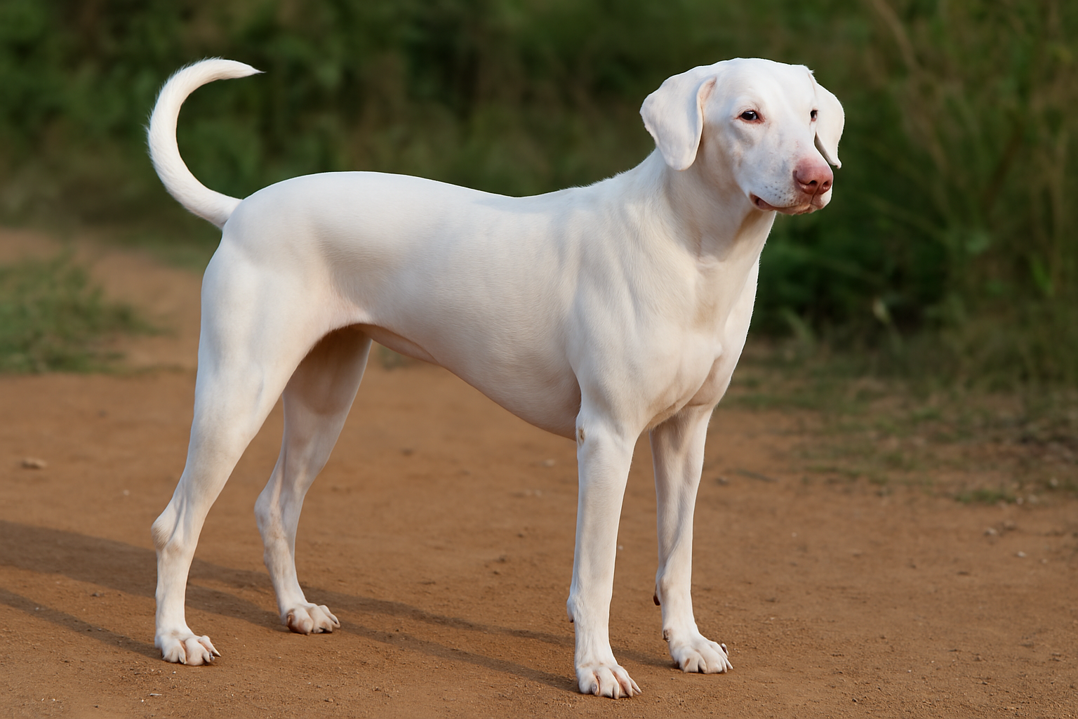 Pure white Rajapalayam dog standing on a rustic dirt path in natural daylight.