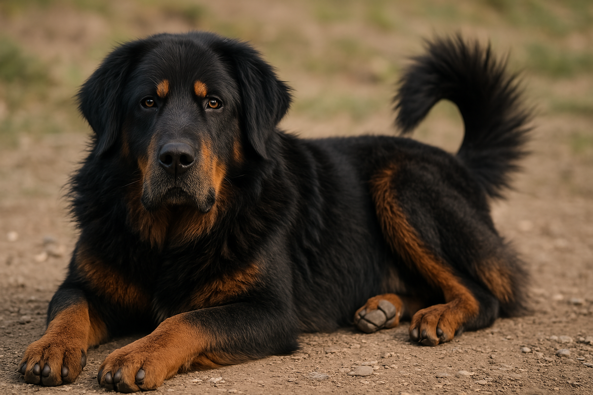 Realistic Tibetan Mastiff resting under soft light with sharp details of its thick coat.