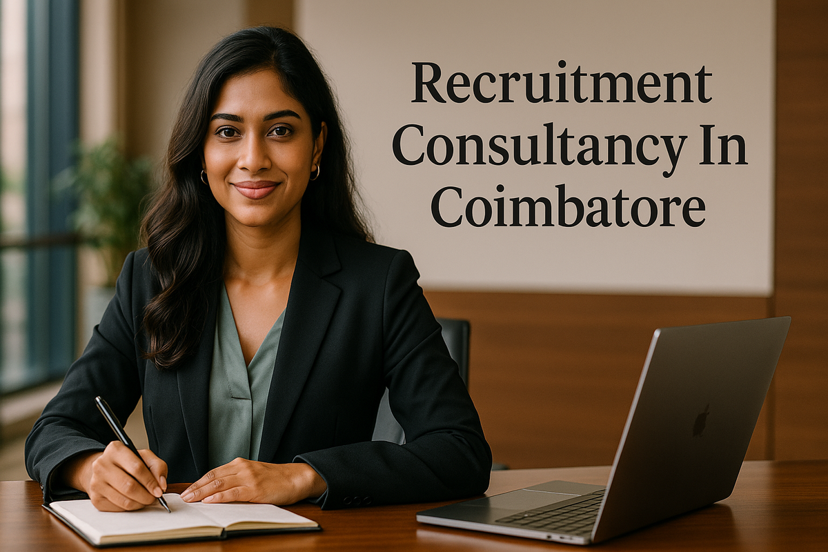 Smiling Indian woman at office desk with βRecruitment Consultancy In Coimbatoreβ text on wall in stylish font.