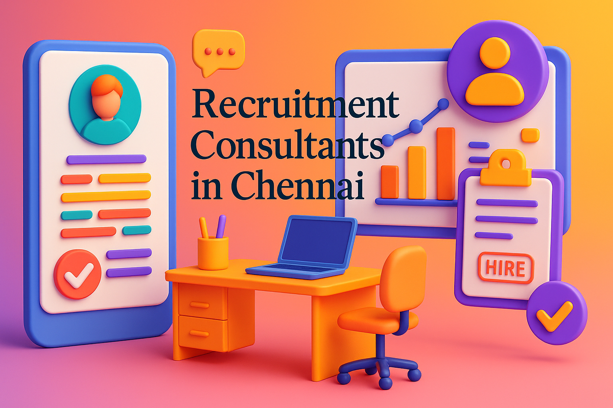 Colorful 3D illustration of recruitment setup with charts, resumes, and “Recruitment Consultants in Chennai” in Lora font