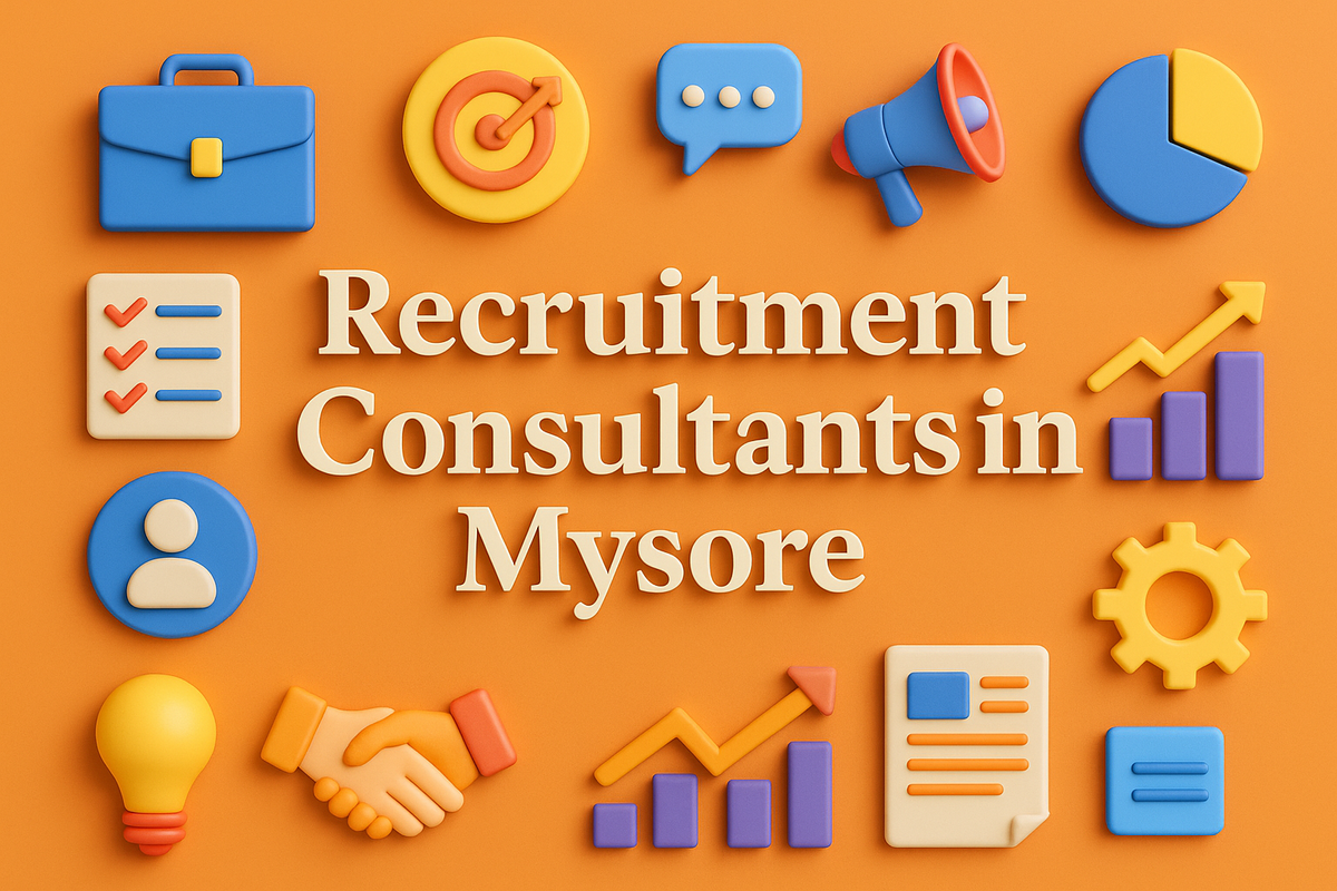 Colorful 4D image with “Recruitment Consultants in Mysore” text surrounded by business icons.