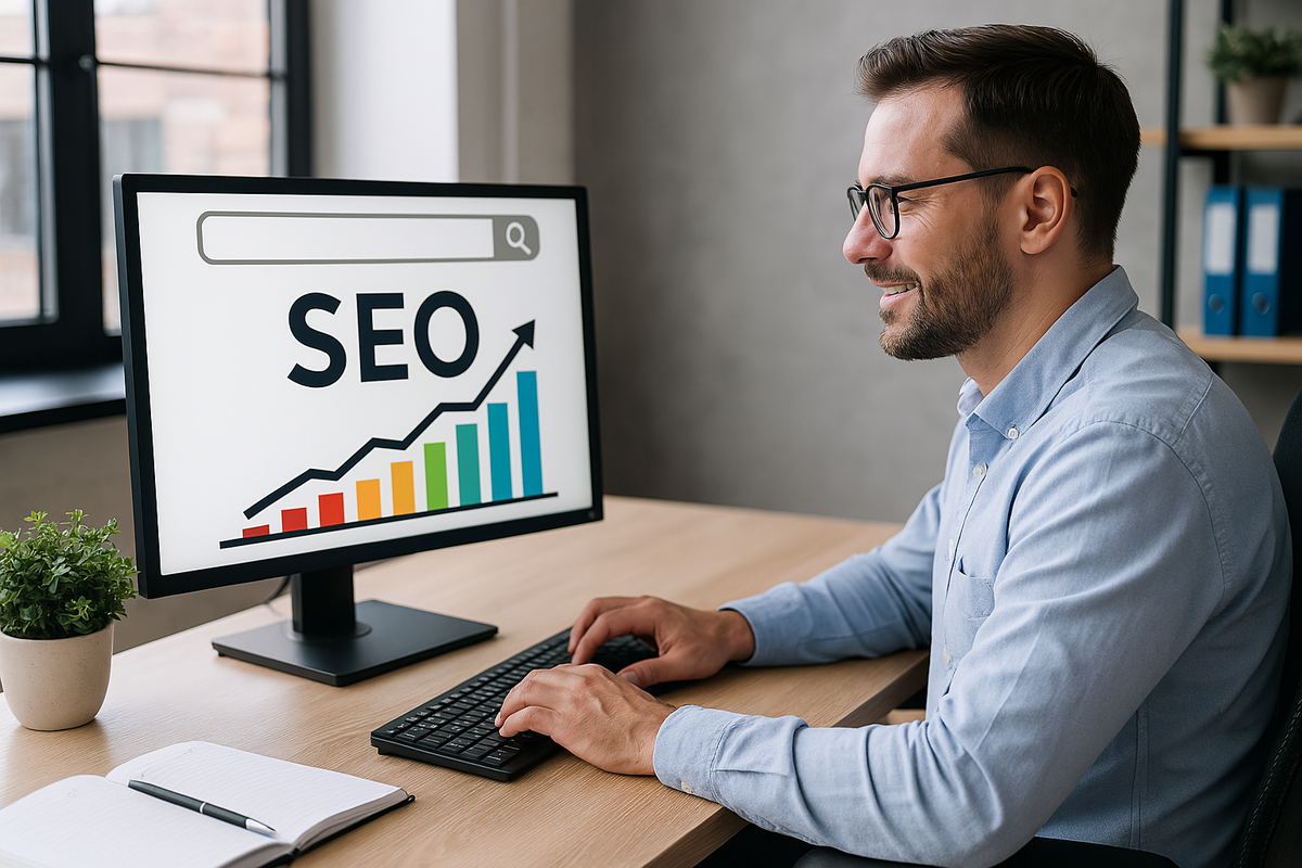 A man working on SEO strategies with a colorful growth graph on his computer screen.
