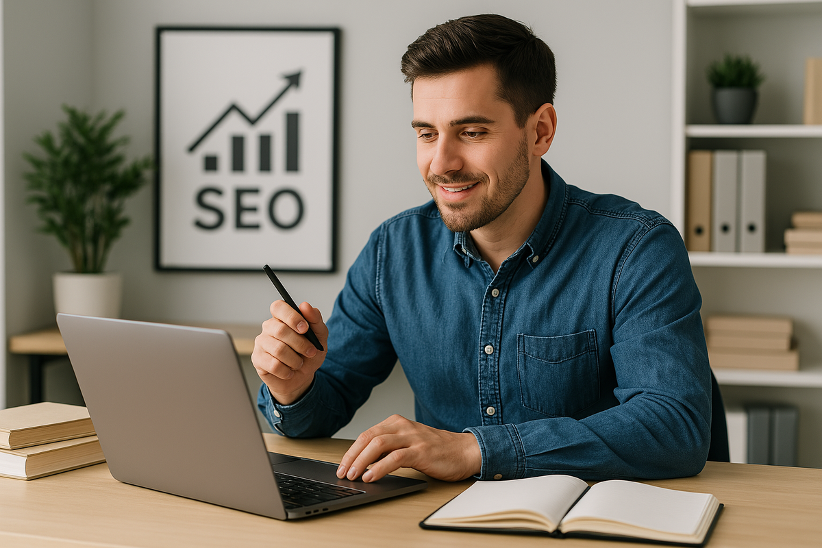 Young professional working on SEO strategies in a modern office setting.