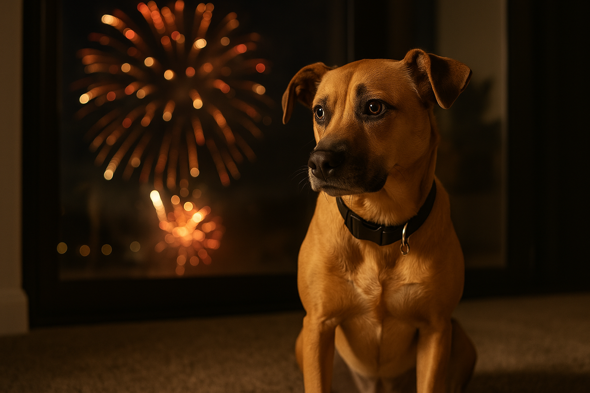Scared dog watching fireworks from indoors on a carpet.