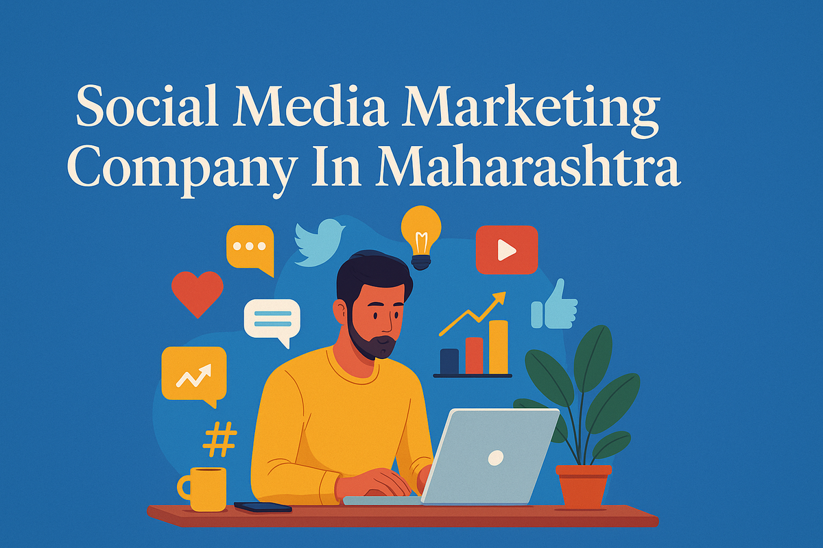 South Asian man working on laptop with social media icons around him, promoting social media marketing in Maharashtra.