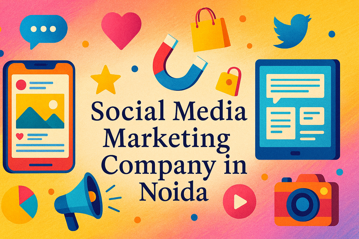 Colorful social media marketing banner with Lora font and shadow effects promoting top Noida agency