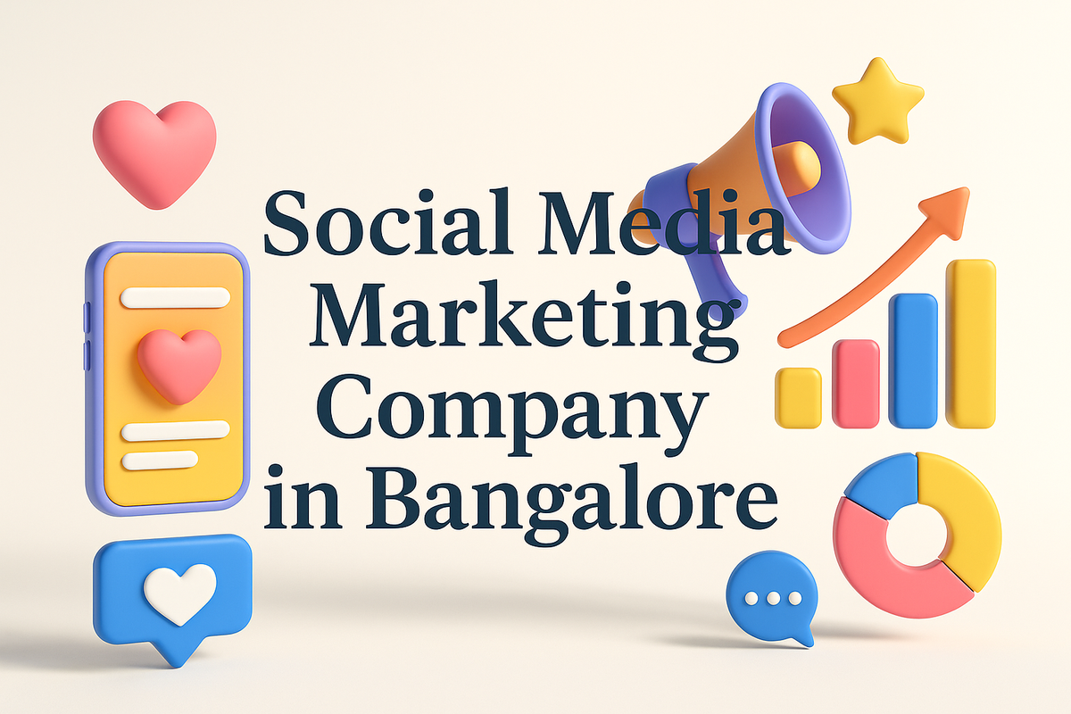 3D digital illustration of a vibrant Social Media Marketing Company in Bangalore with charts and icons.