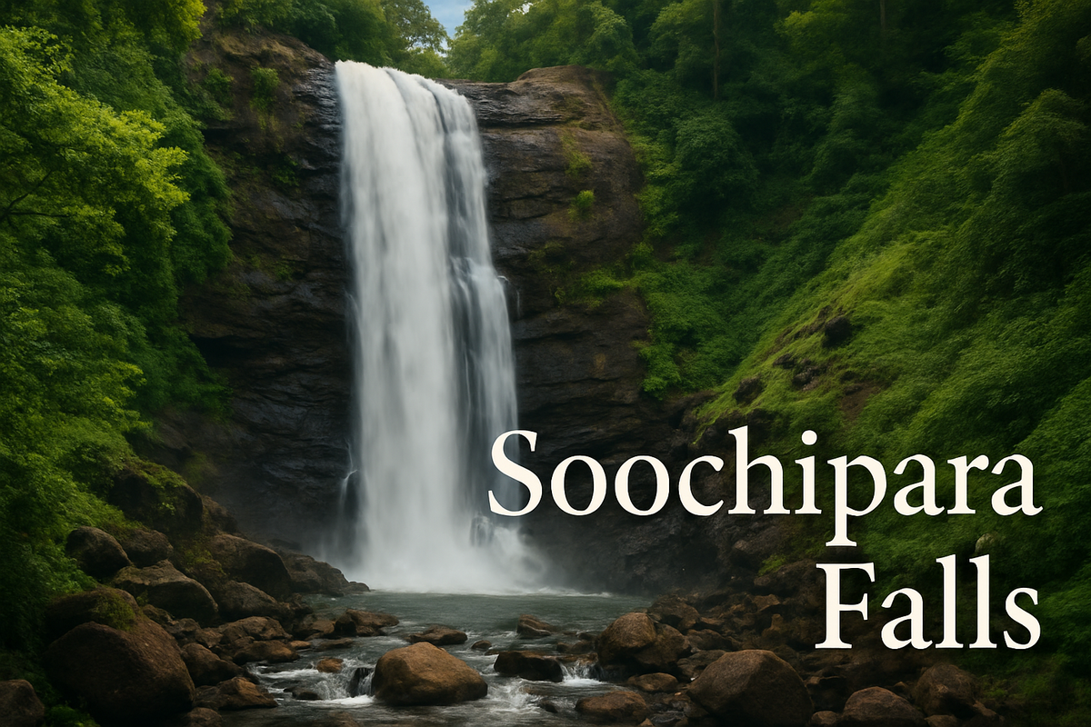 Soochipara Falls cascading down a rocky cliff surrounded by lush green forest, with artistic Lora font text overlay.