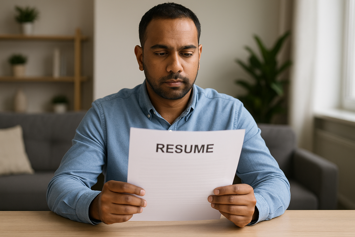 A man in a blue shirt reviews a printed resume while seated in a cozy living room with natural lighting.