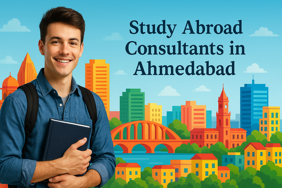 Young student smiling with book in hand, standing before colorful Ahmedabad skyline, promoting study abroad consultants.