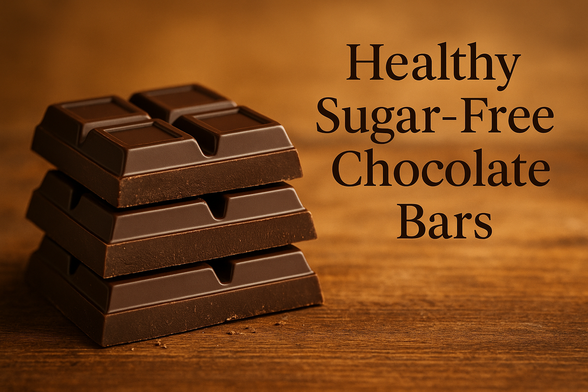 three sugar-free chocolate bars stacked on wood with soft lighting and a stylish shadowed text overlay.