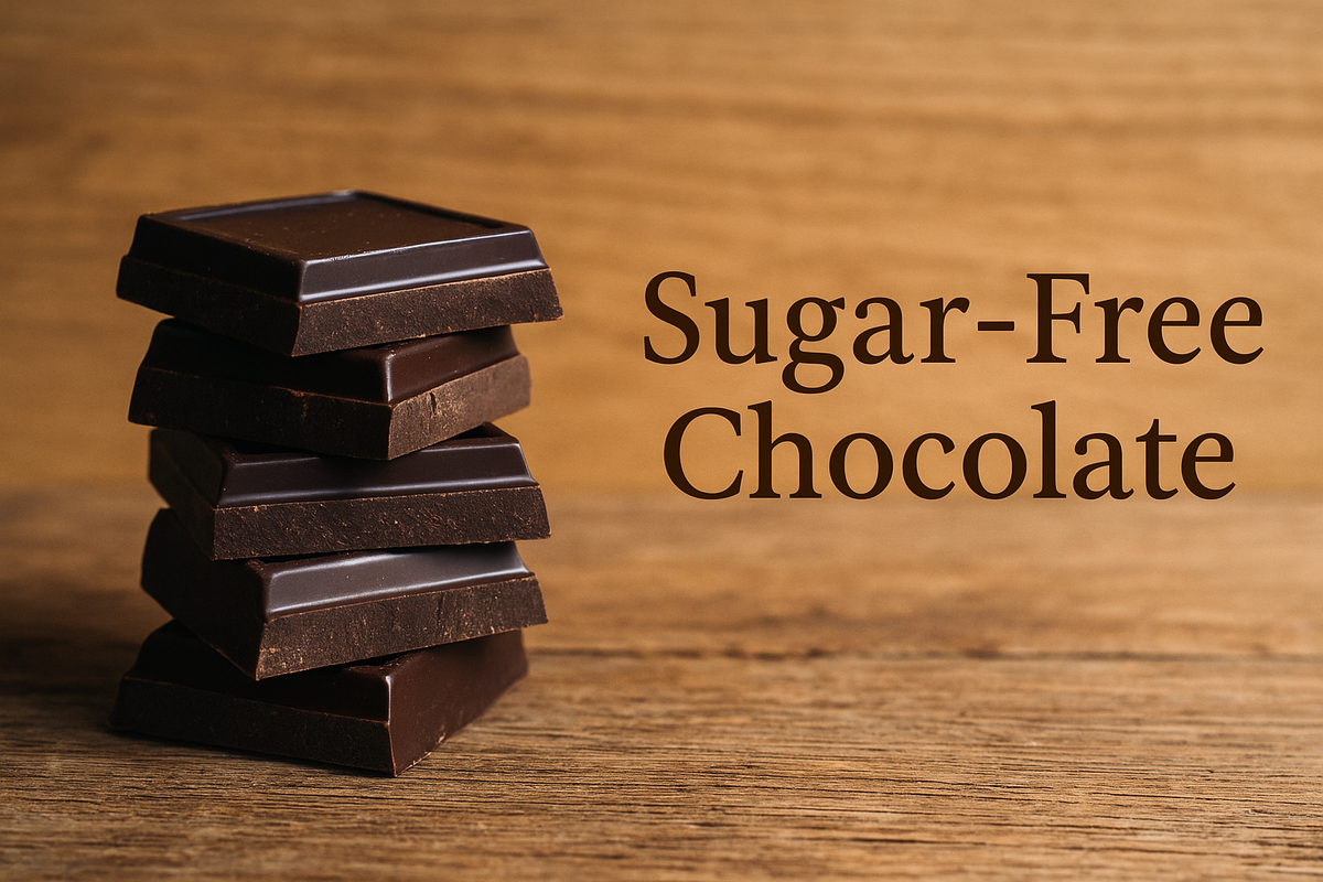 Stack of dark sugar-free chocolate bars on rustic wood with warm lighting and Lora font text.