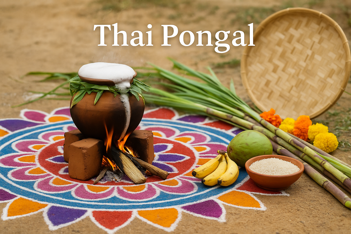 Traditional Thai Pongal celebration with boiling pot, colorful rangoli, sugarcane, bananas, and festive decorations.