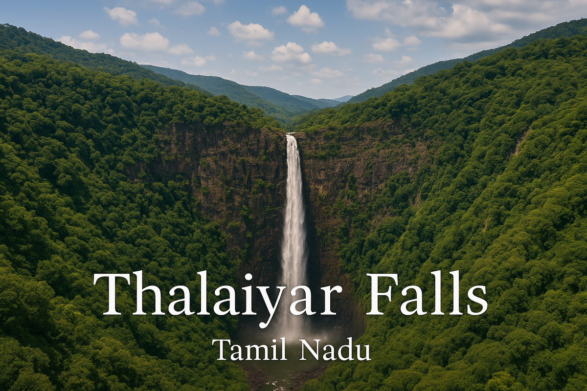 Thalaiyar Falls, Tamil Nadu's tallest waterfall, cascading down a lush green cliff under a bright blue sky.