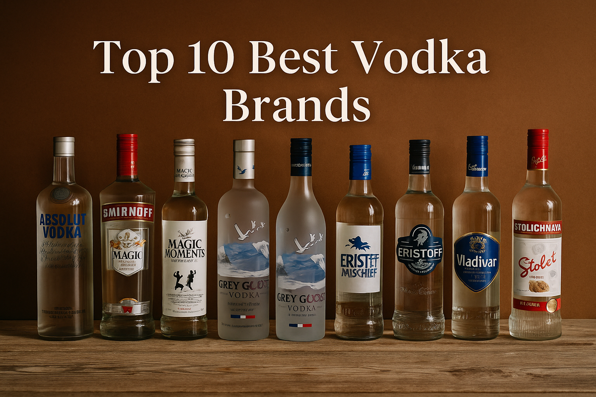 Ten premium vodka bottles arranged with "Top 10 Best Vodka Brands" text in Lora font and soft shadow effects.