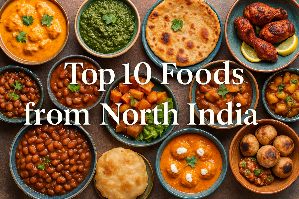 A HD image featuring ten traditional North Indian dishes with "Top 10 Foods from North India" in Lora font and shadow effect.