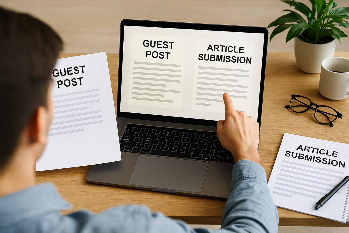 A person comparing guest post and article submission content on a laptop in a modern workspace setting.