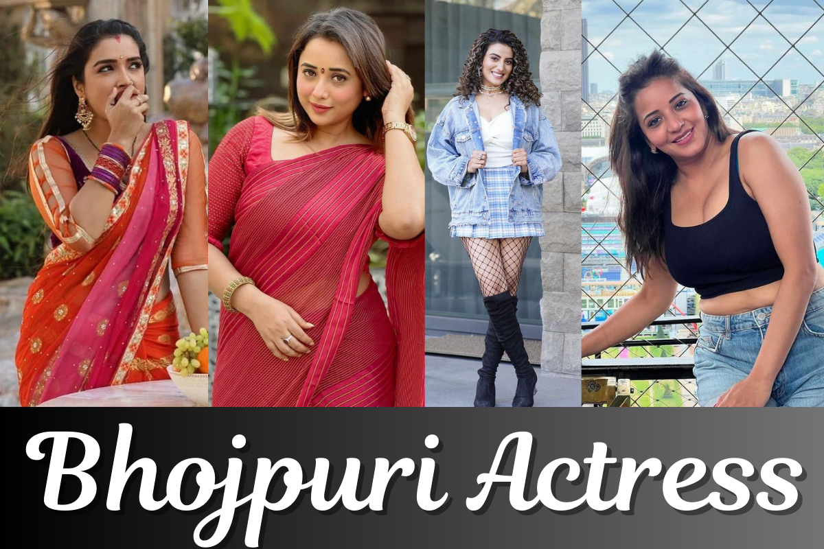 Portraits of Bhojpuri actresses in traditional and modern looks arranged in a horizontal HD