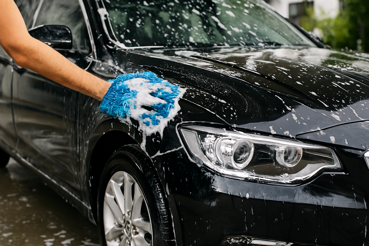 Worker cleaning a black sedan with a blue mitt during car wash in Vidyavihar, Mumbai