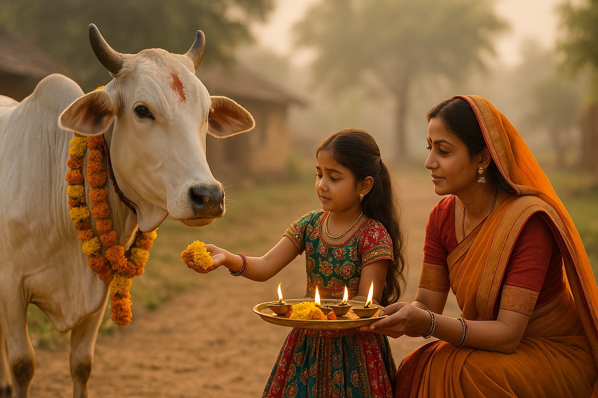 Hindu mother and daughter performing cow worship with aarti thali and marigold flowers.