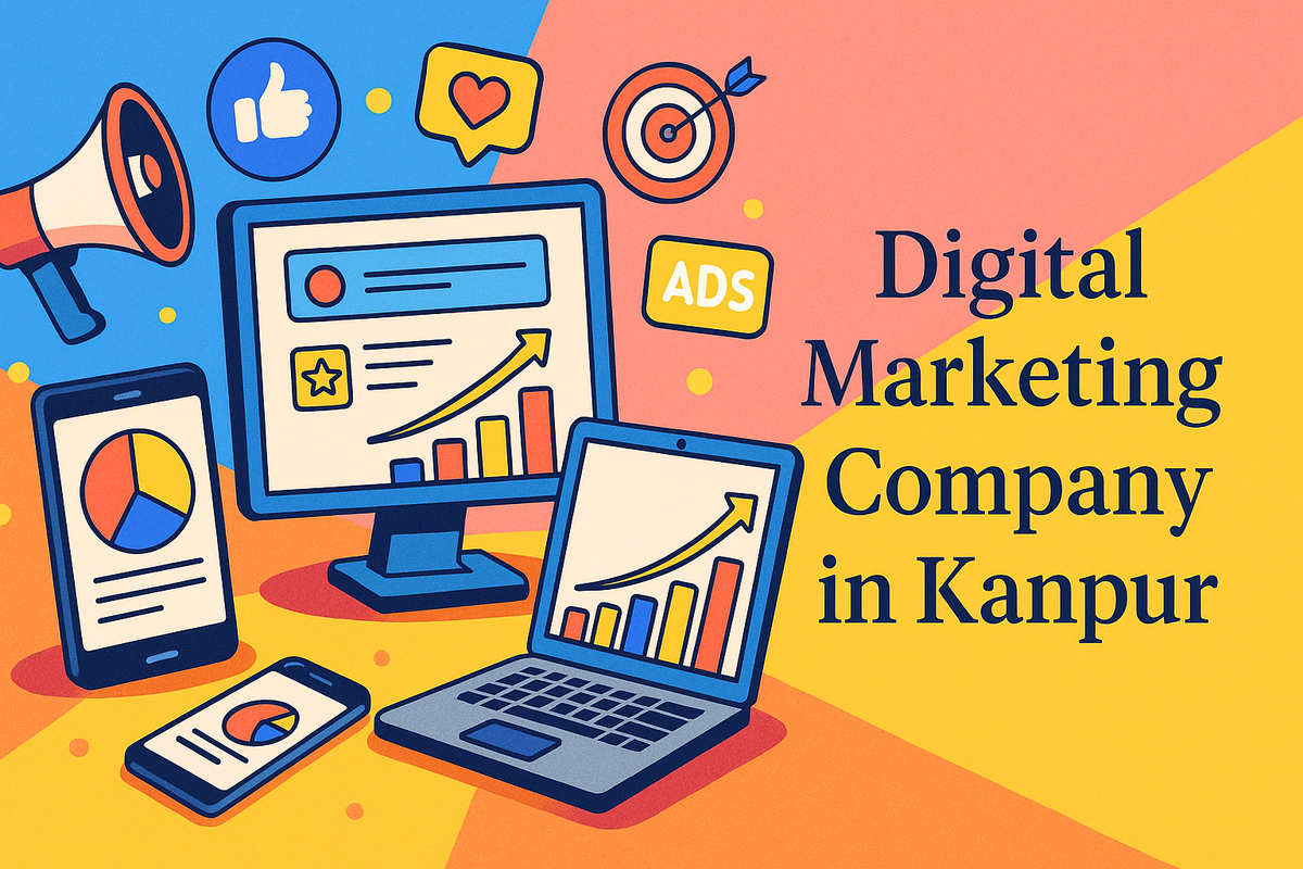 Colorful digital illustration showing tools and graphs for a digital marketing company in Kanpur.