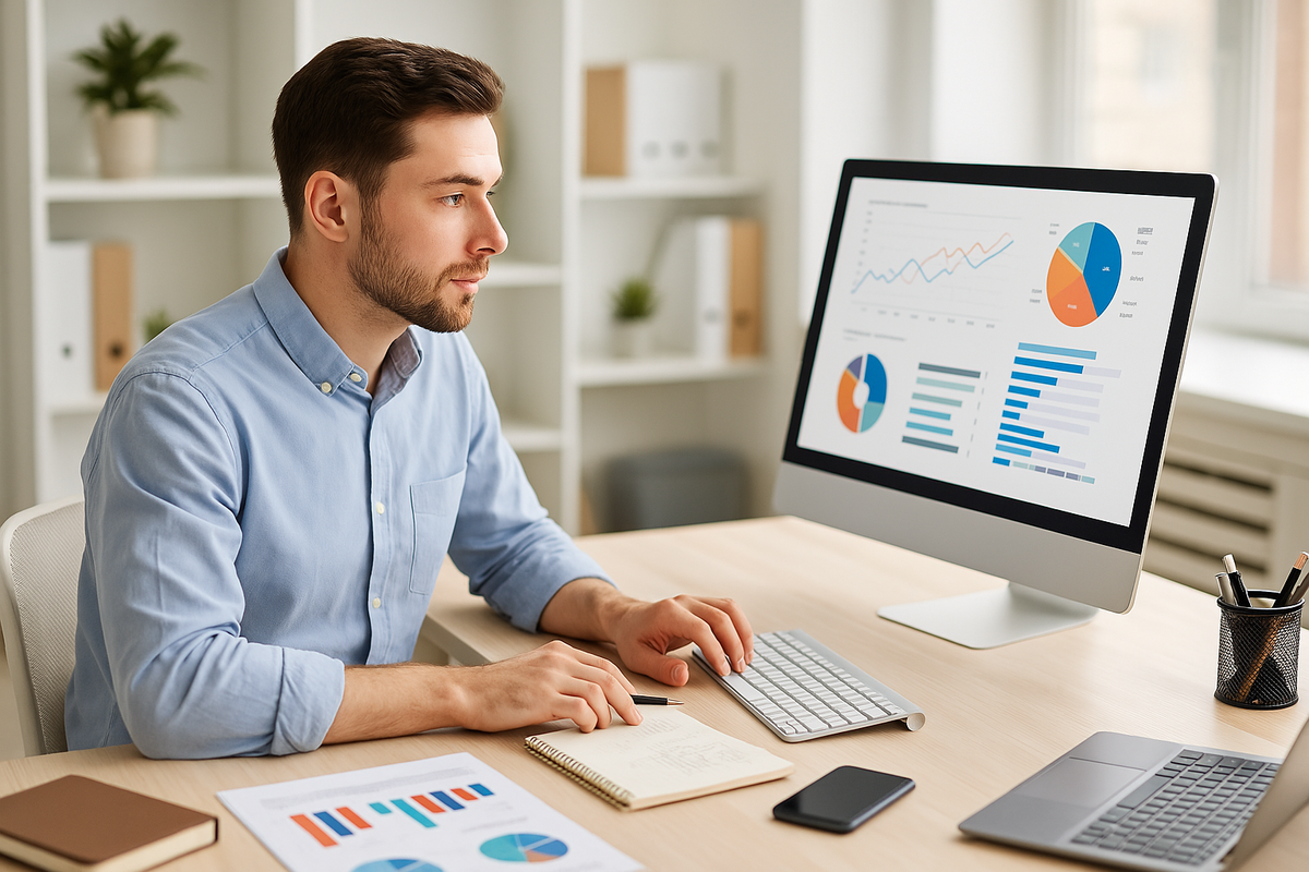 Young digital marketer analyzing SEO and analytics data on computer in modern office setup.