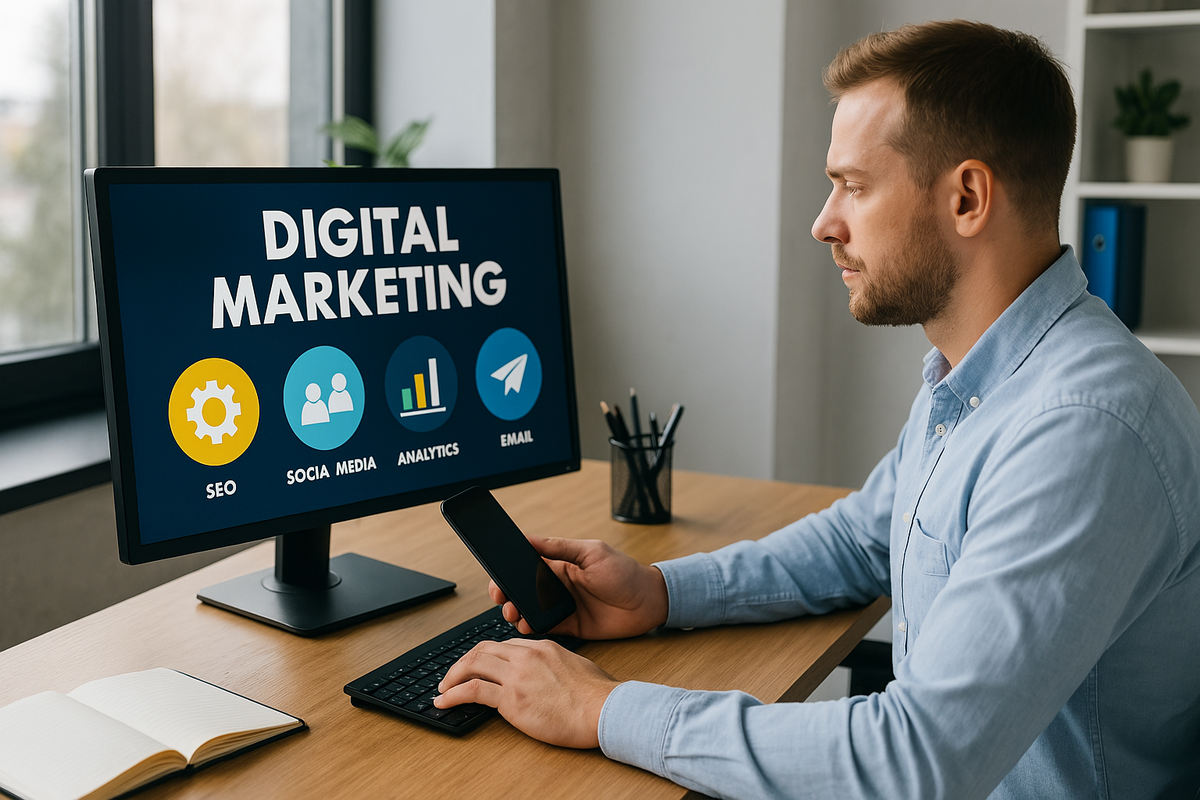 Man working on digital marketing at a modern office desk with SEO and analytics tools on screen