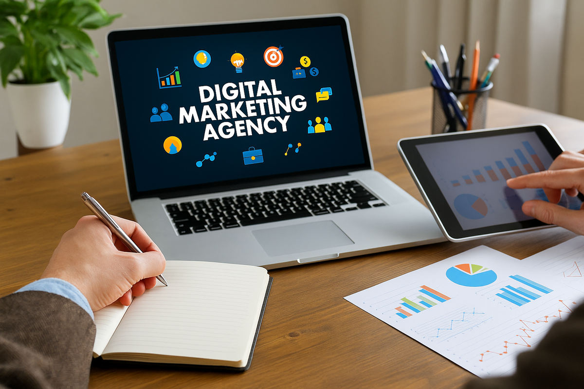 Business professional planning digital strategy using laptop and tablet in a modern office setup.