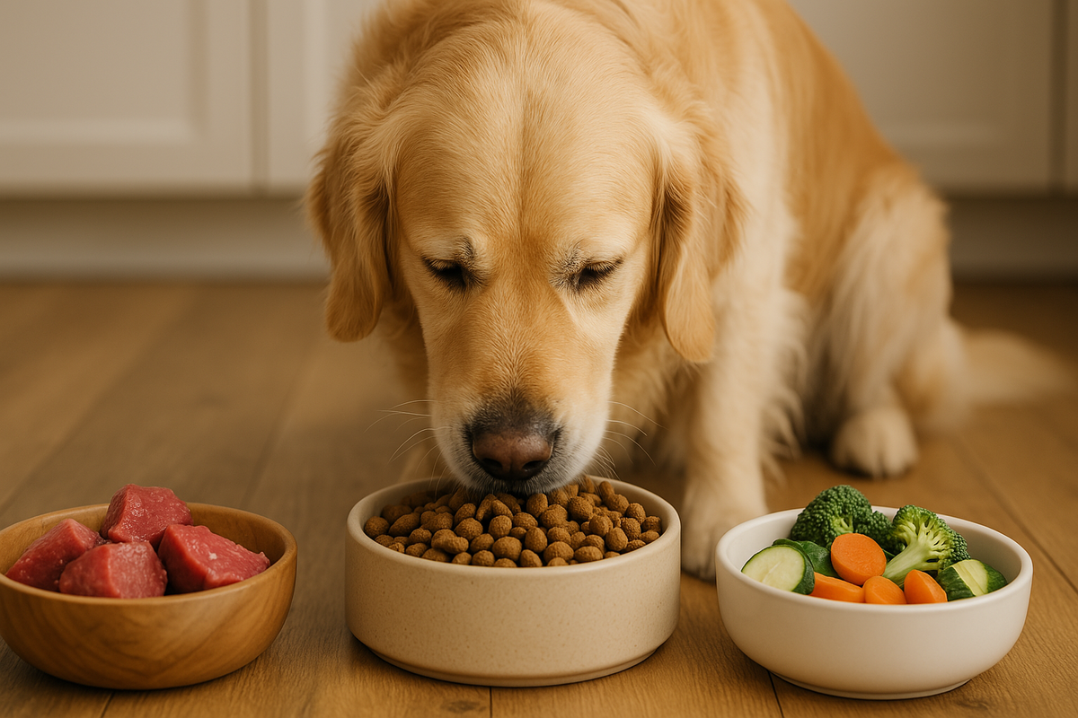 Dog eating kibble with raw meat and vegetables in bowls nearby on wooden floor.