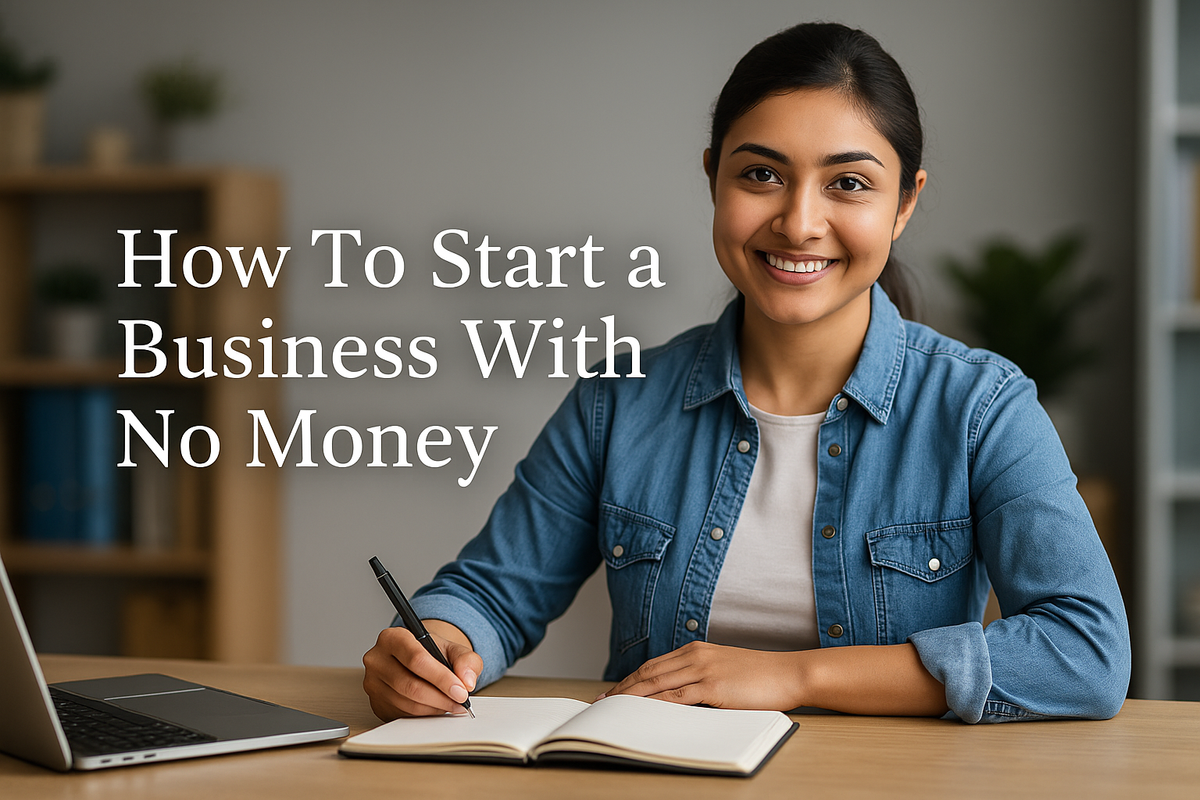 Young Indian woman working at home desk, planning business startup without money.