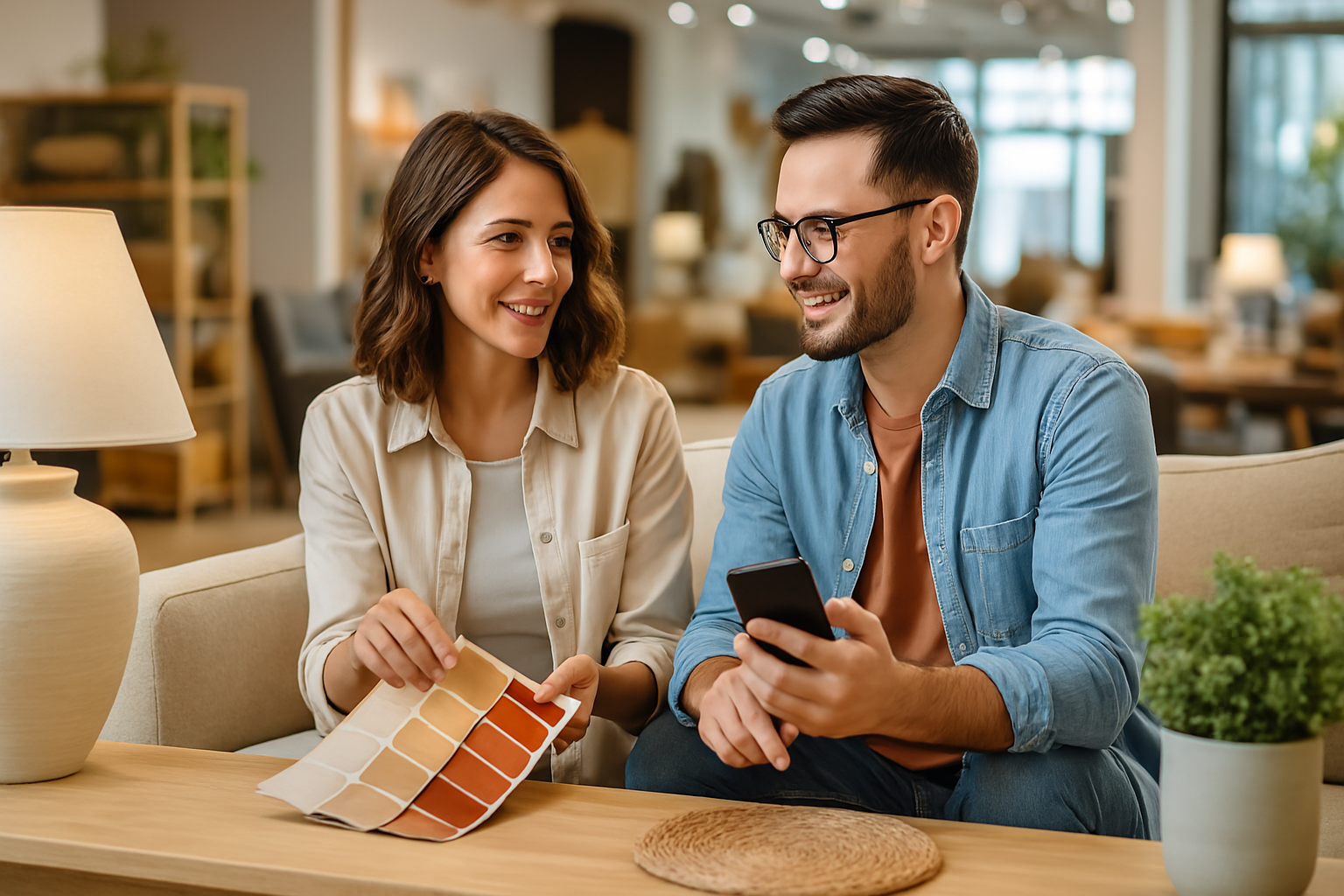 Couple choosing furniture in a modern home store setting with bright natural lighting.